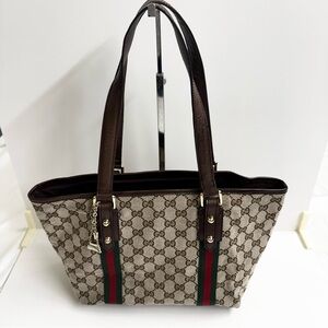 Gucci Beige and Brown Tote with Red and Green Stripes